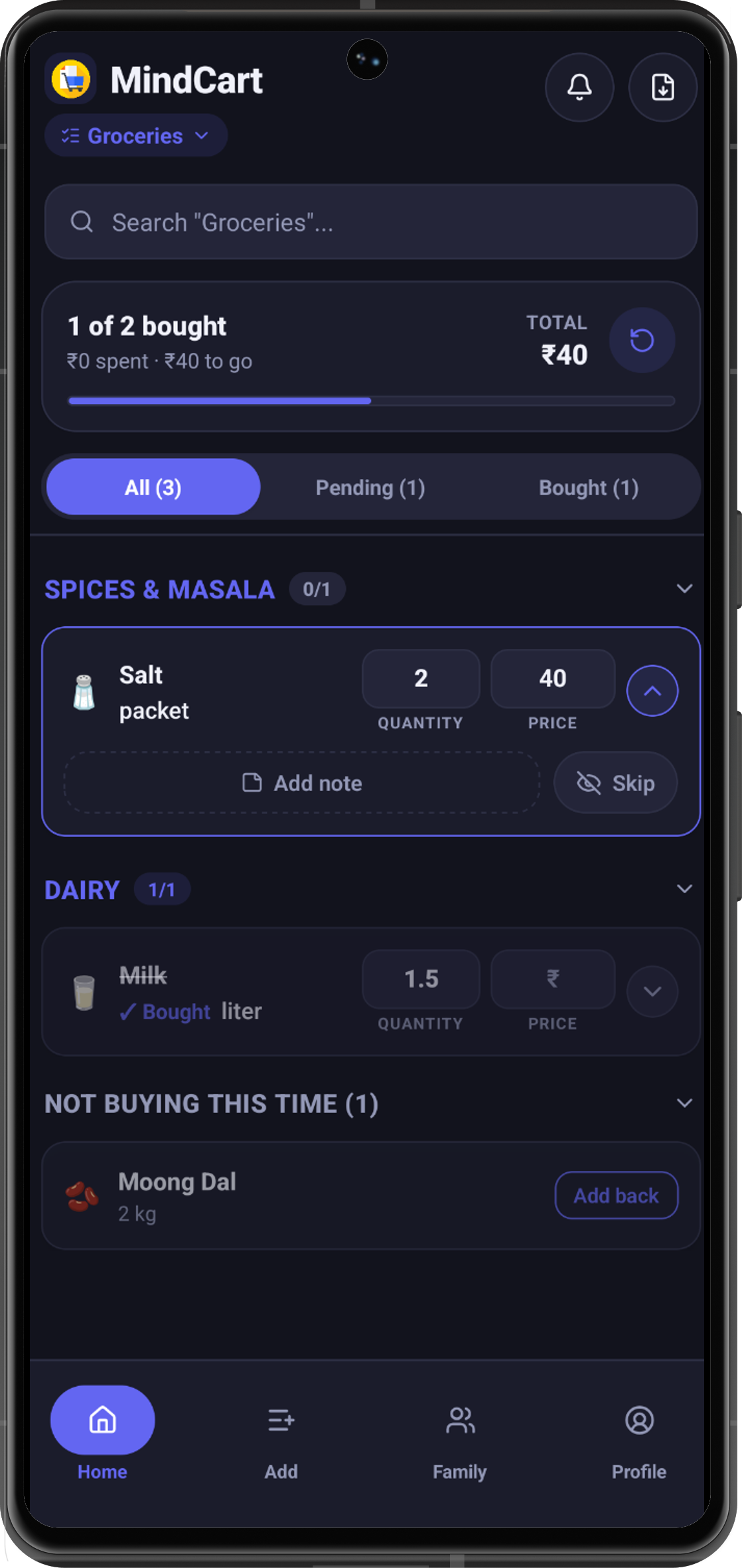Mindcart app showing items grouped by category